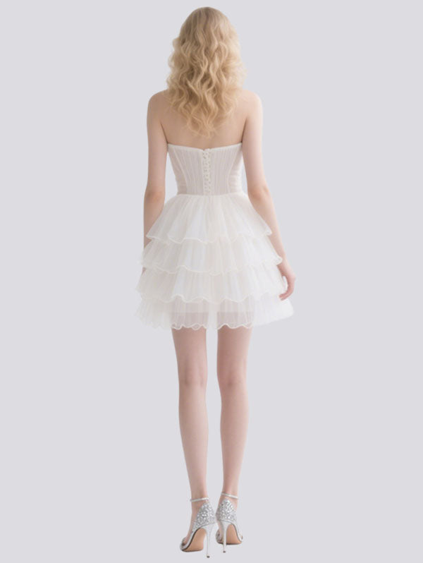 White Strapless Tulle Ruffled Short Prom Dress