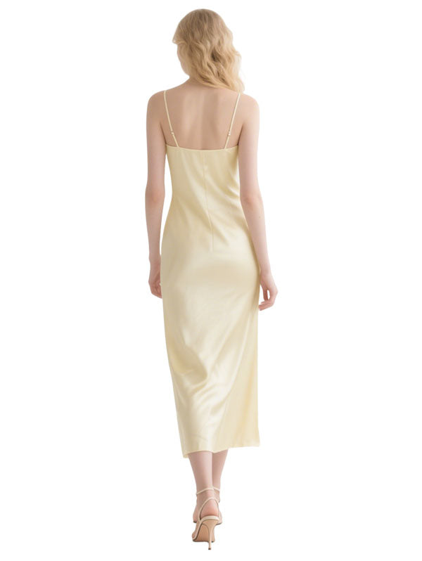 Yellow Satin Flower Trimmed Dress Slip Midi Evening Gown