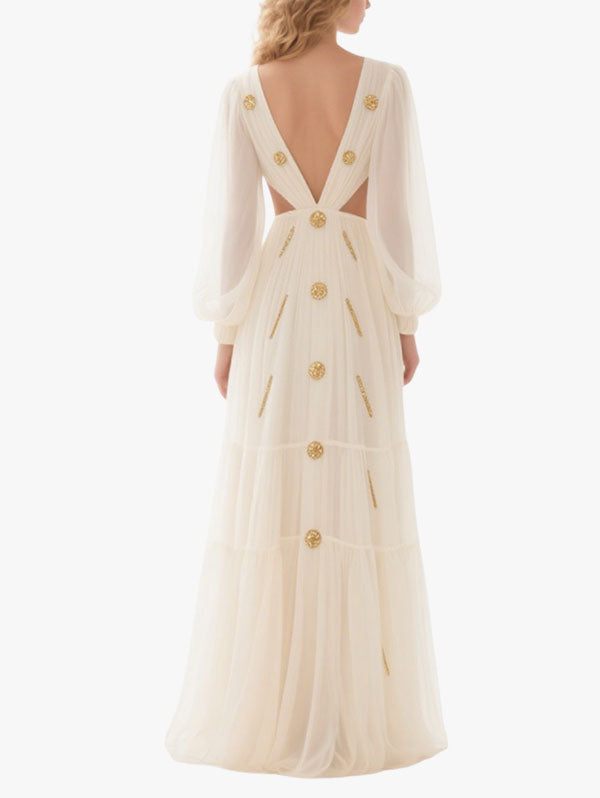 White Sheer Sleeve Cut Out Gown Gold Embellished Formal Dress