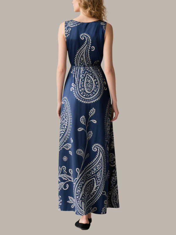 Navy Blue Paisley Maxi Dress Women's Bohemian Evening Wear