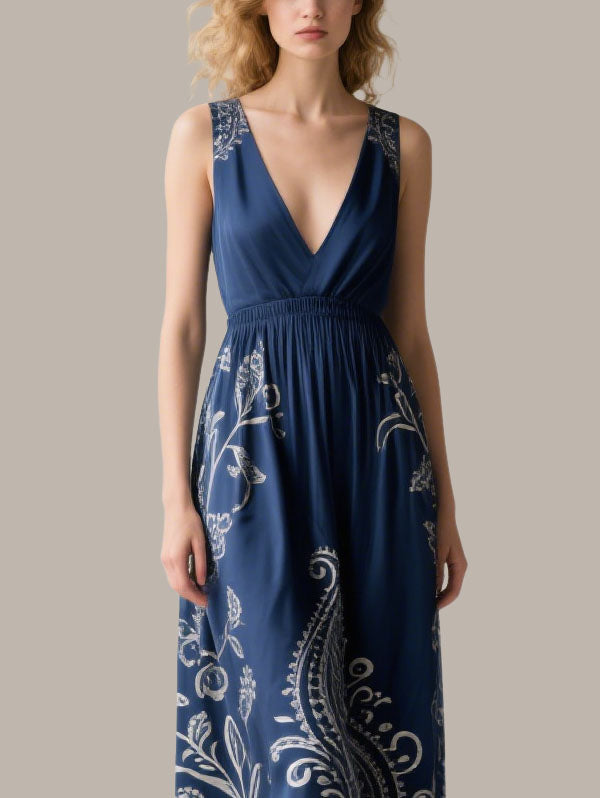 Navy Blue Paisley Maxi Dress Women's Bohemian Evening Wear