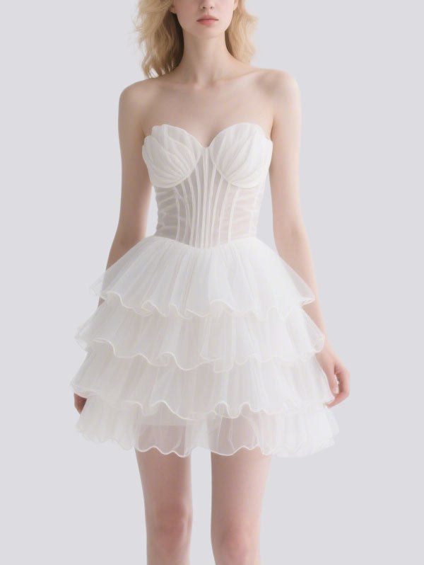 White Strapless Tulle Ruffled Short Prom Dress