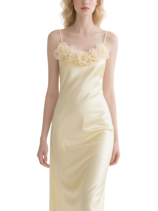 Yellow Satin Flower Trimmed Dress Slip Midi Evening Gown