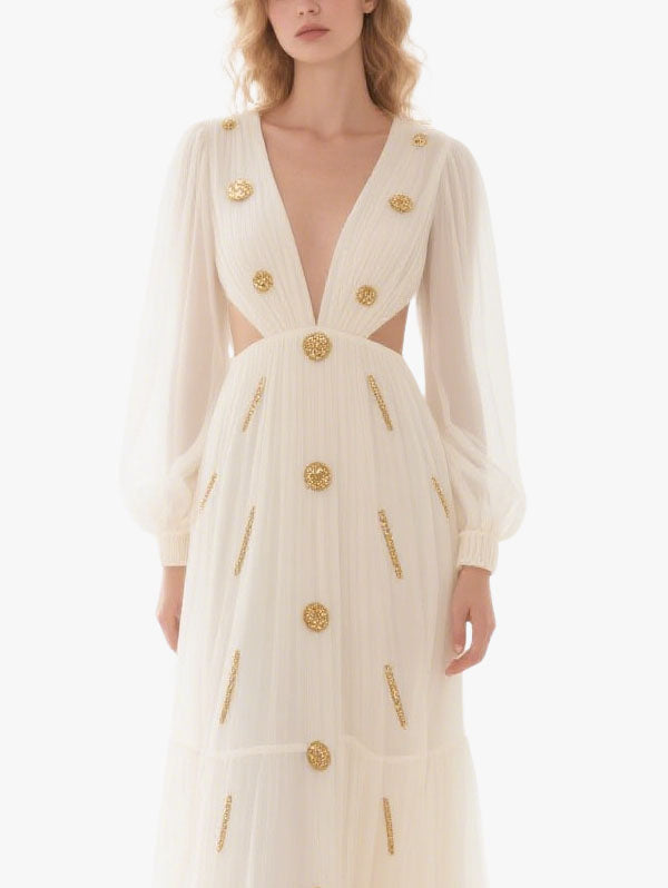 White Sheer Sleeve Cut Out Gown Gold Embellished Formal Dress