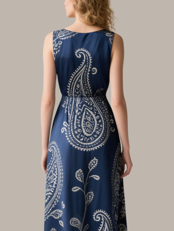 Navy Blue Paisley Maxi Dress Women's Bohemian Evening Wear