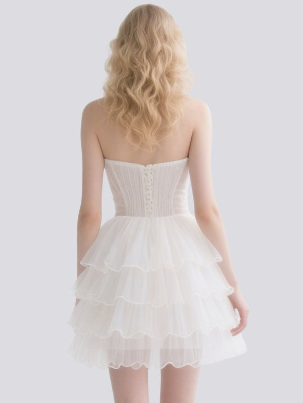 White Strapless Tulle Ruffled Short Prom Dress