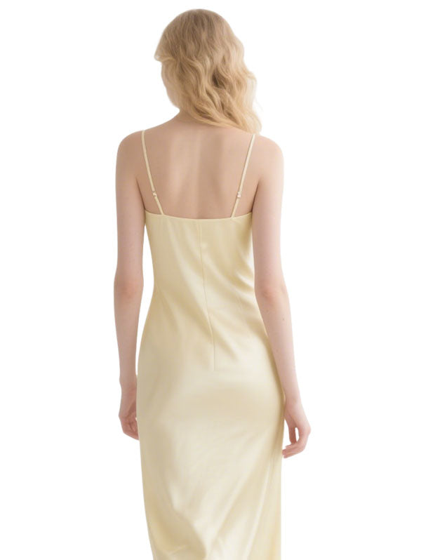 Yellow Satin Flower Trimmed Dress Slip Midi Evening Gown