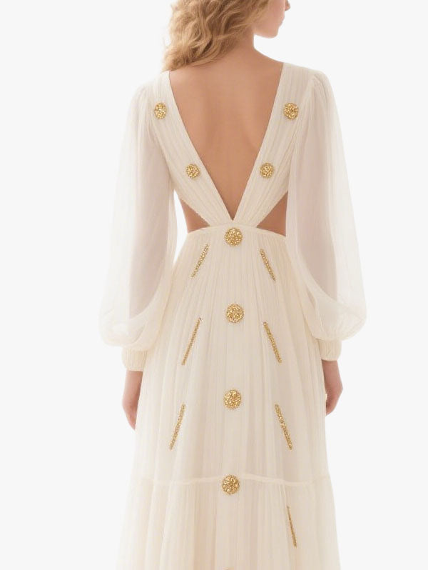 White Sheer Sleeve Cut Out Gown Gold Embellished Formal Dress