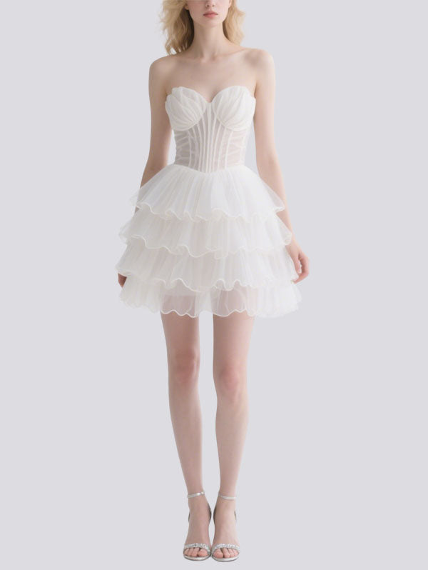 White Strapless Tulle Ruffled Short Prom Dress