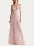 Pink Tulle Gown Plunging V-neck Tiered Dress