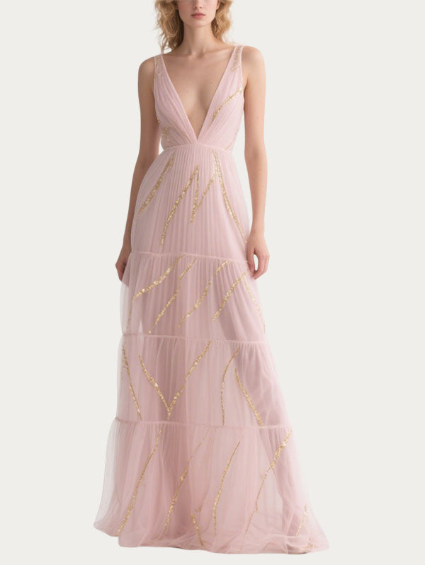 Pink Tulle Gown Plunging V-neck Tiered Dress