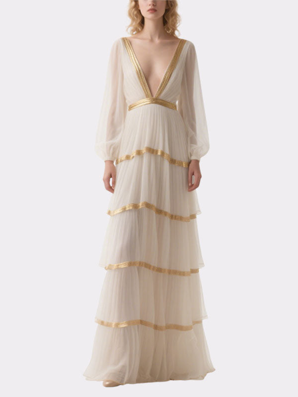 White Chiffon Tiered Gown Gold Trim Deep V Evening Dress