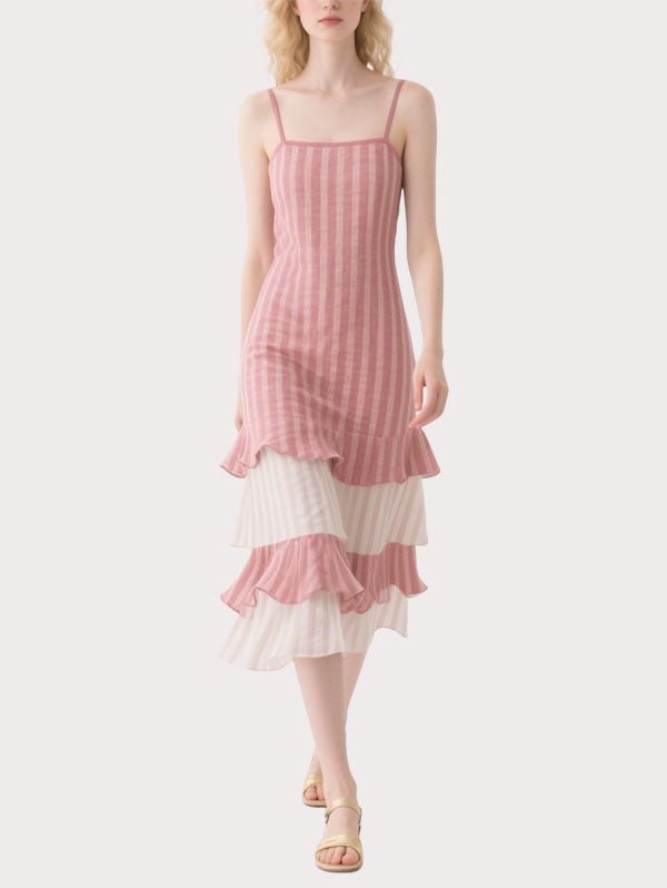 Pink and White Striped Tiered Midi Dress Women's Summer Vacation Dress