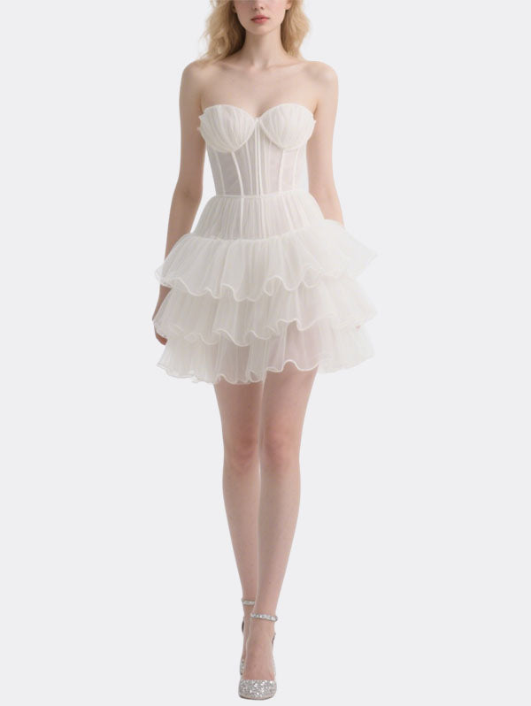 White Strapless Tulle Cocktail Dress with Layered Ruffles