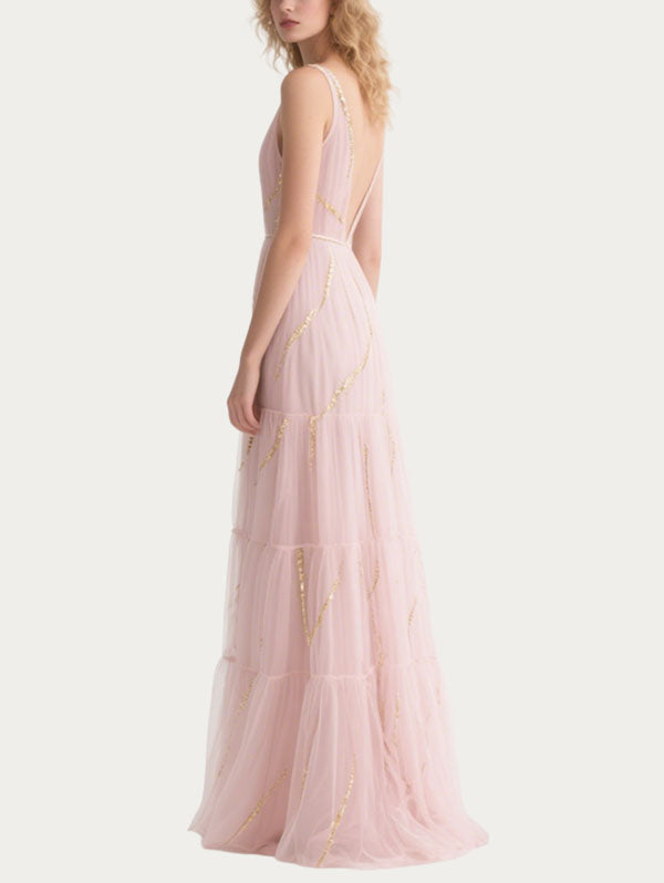 Pink Tulle Gown Plunging V-neck Tiered Dress