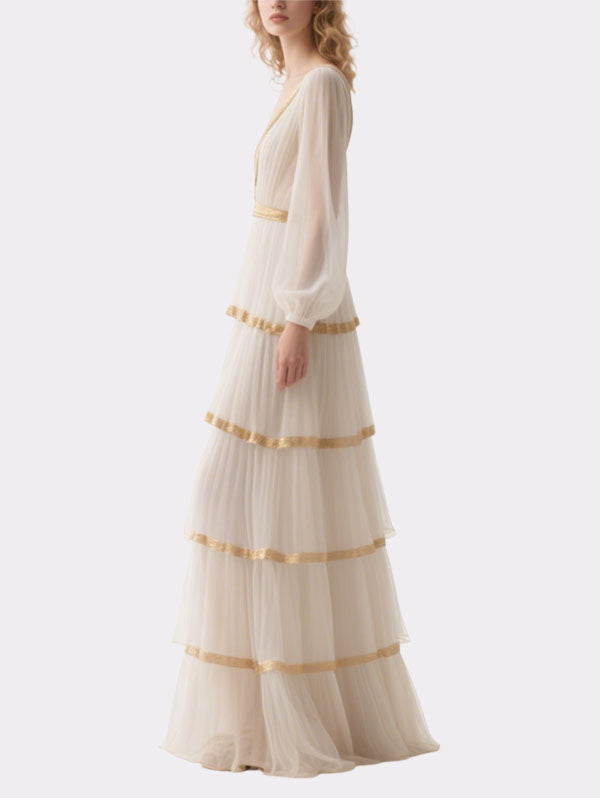 White Chiffon Tiered Gown Gold Trim Deep V Evening Dress