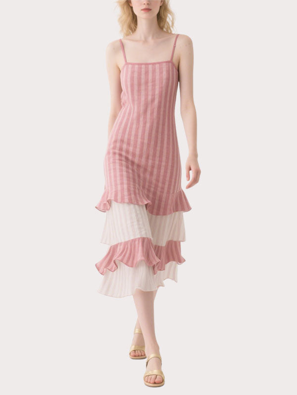 Pink and White Striped Tiered Midi Dress Women's Summer Vacation Dress