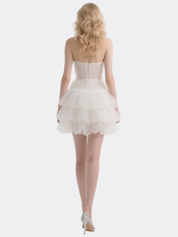 White Strapless Tulle Cocktail Dress with Layered Ruffles