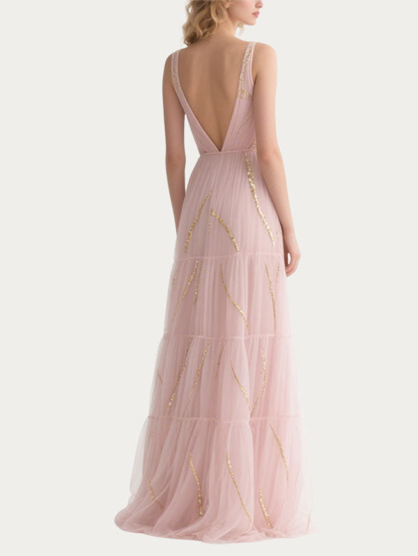 Pink Tulle Gown Plunging V-neck Tiered Dress