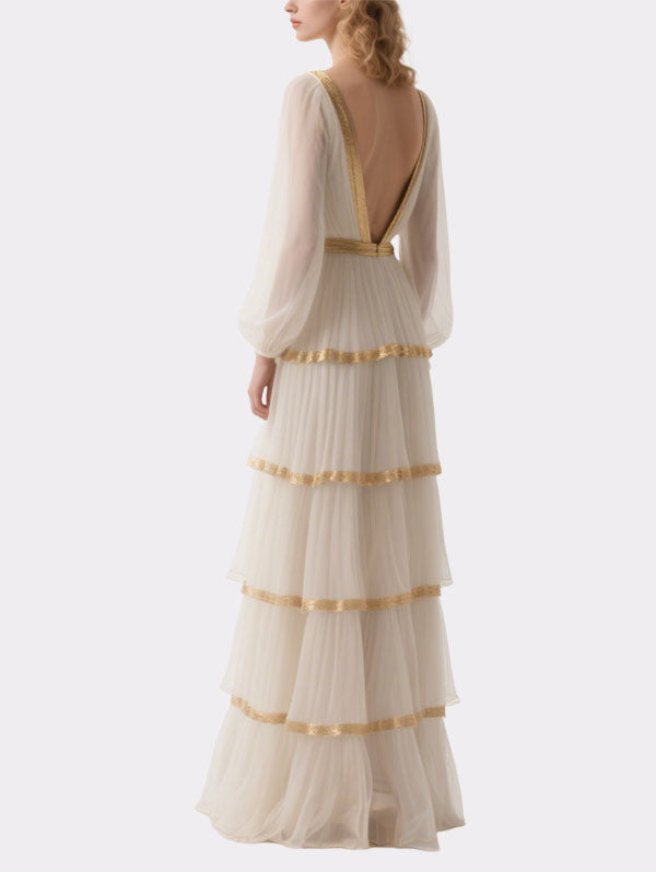 White Chiffon Tiered Gown Gold Trim Deep V Evening Dress