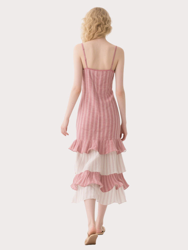 Pink and White Striped Tiered Midi Dress Women's Summer Vacation Dress