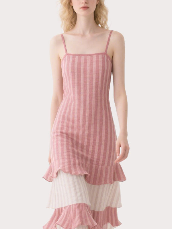 Pink and White Striped Tiered Midi Dress Women's Summer Vacation Dress