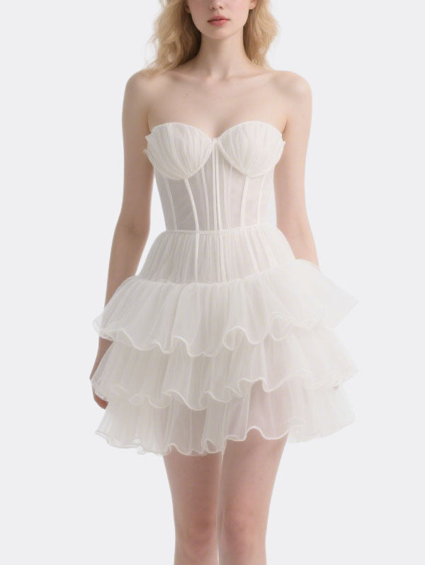 White Strapless Tulle Cocktail Dress with Layered Ruffles