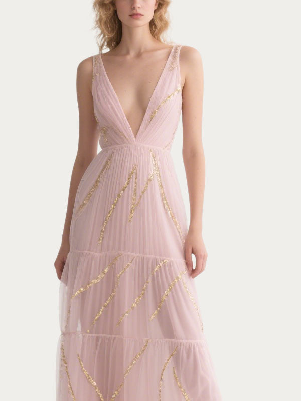 Pink Tulle Gown Plunging V-neck Tiered Dress