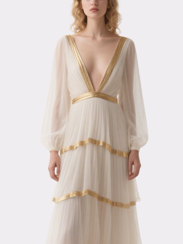 White Chiffon Tiered Gown Gold Trim Deep V Evening Dress