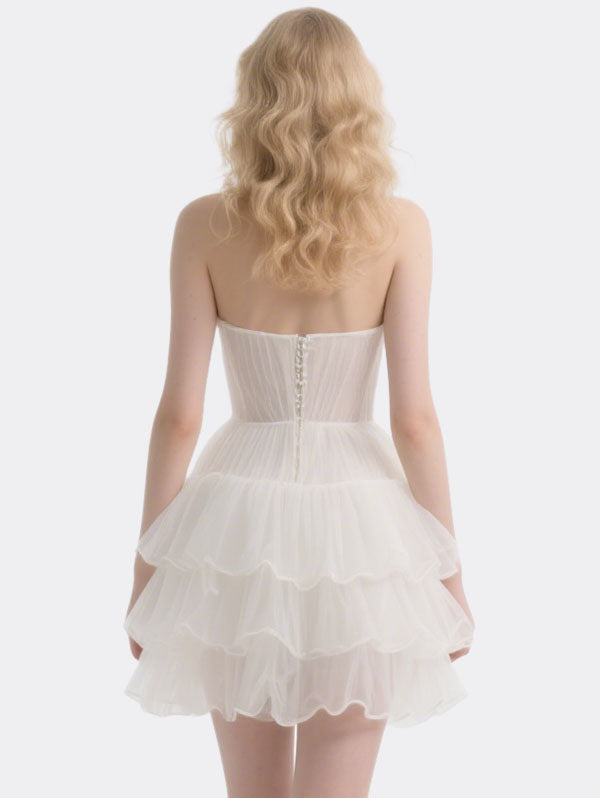 White Strapless Tulle Cocktail Dress with Layered Ruffles