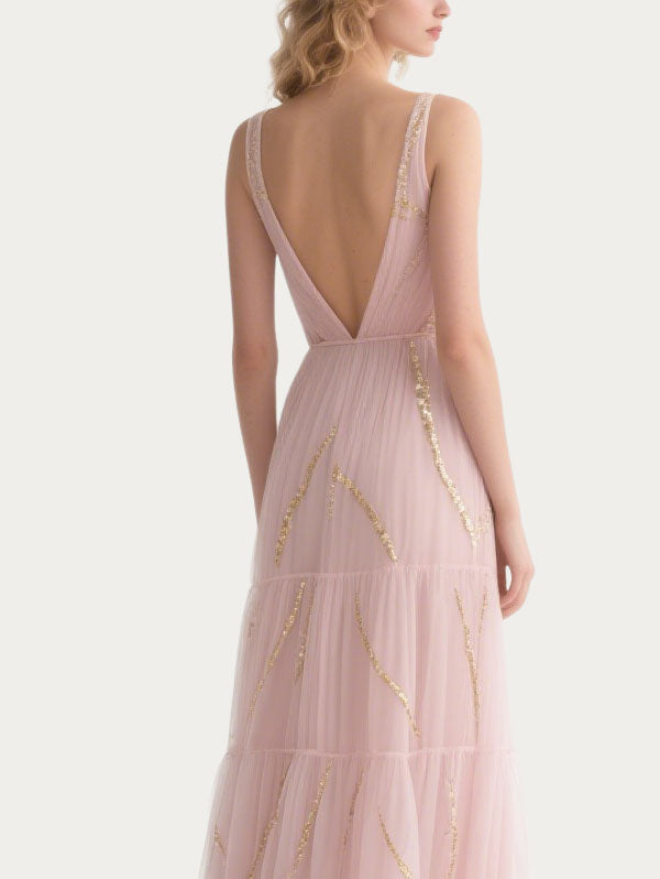 Pink Tulle Gown Plunging V-neck Tiered Dress