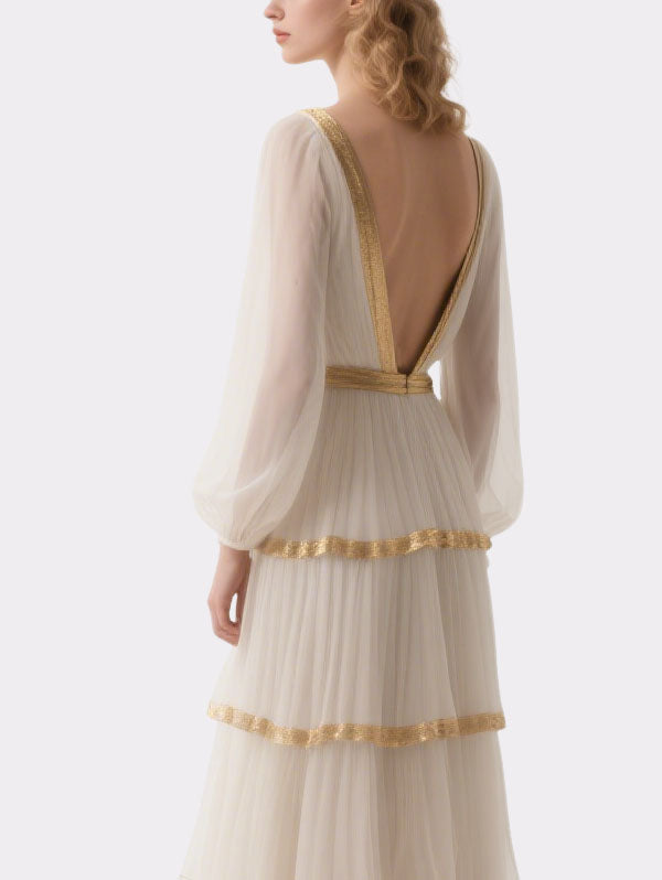 White Chiffon Tiered Gown Gold Trim Deep V Evening Dress