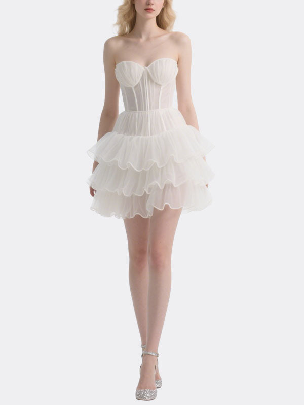 White Strapless Tulle Cocktail Dress with Layered Ruffles