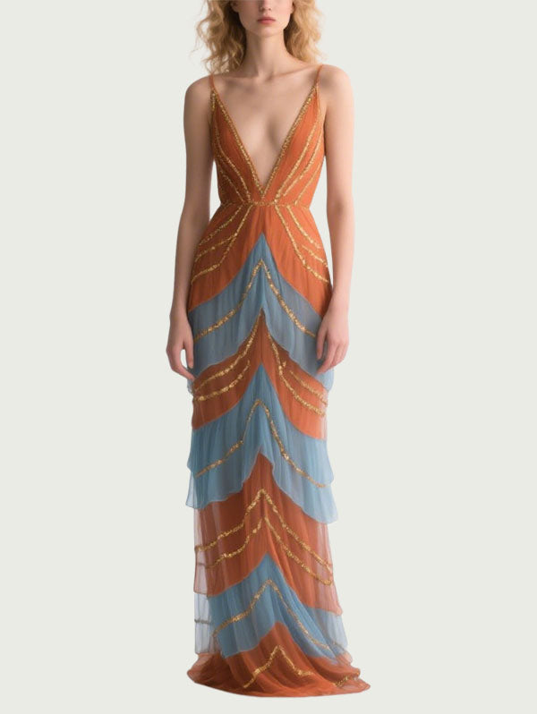 Orange & Blue Tiered Tulle Gown Plunging V-neck Formal Dress