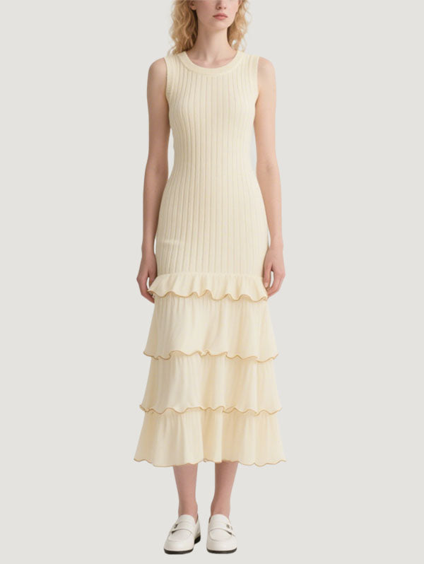 Cream Ribbed Tiered Maxi Dress Women's Elegant Casual Wear