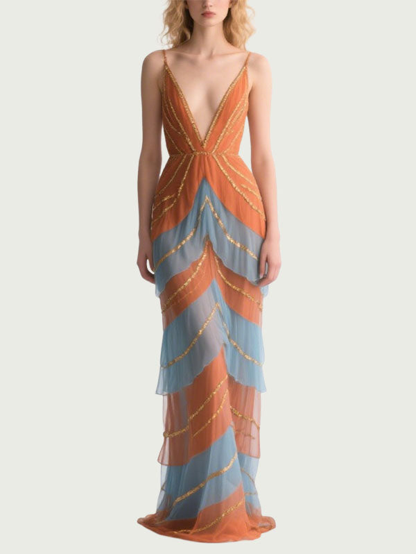 Orange & Blue Tiered Tulle Gown Plunging V-neck Formal Dress