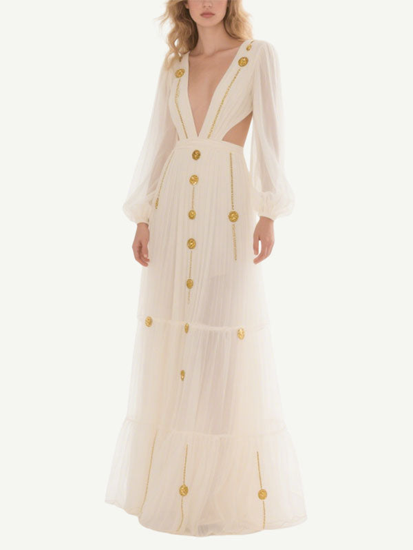 White Cut Out Embellished Gown Sheer Sleeve Formal Evening Wear
