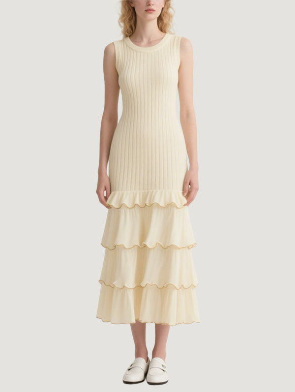 Cream Ribbed Tiered Maxi Dress Women's Elegant Casual Wear