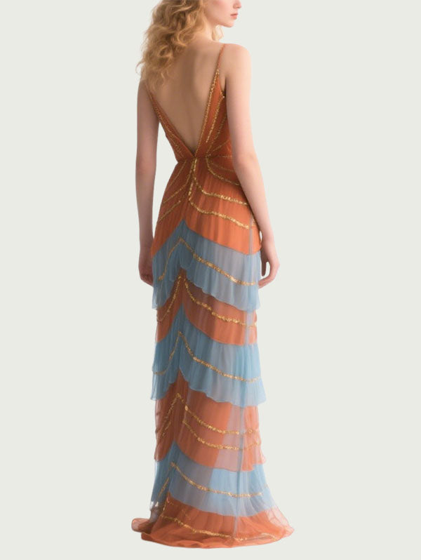 Orange & Blue Tiered Tulle Gown Plunging V-neck Formal Dress