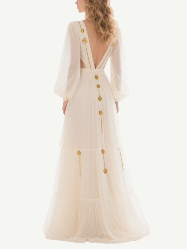White Cut Out Embellished Gown Sheer Sleeve Formal Evening Wear