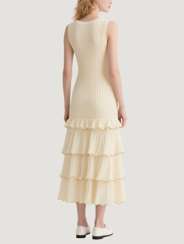 Cream Ribbed Tiered Maxi Dress Women's Elegant Casual Wear