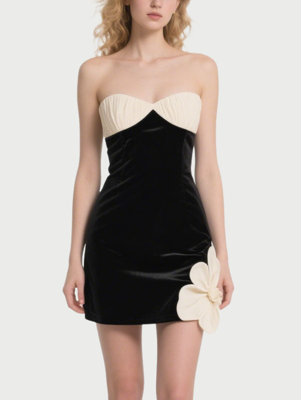 Black Velvet Strapless Dress with Contrast Flower