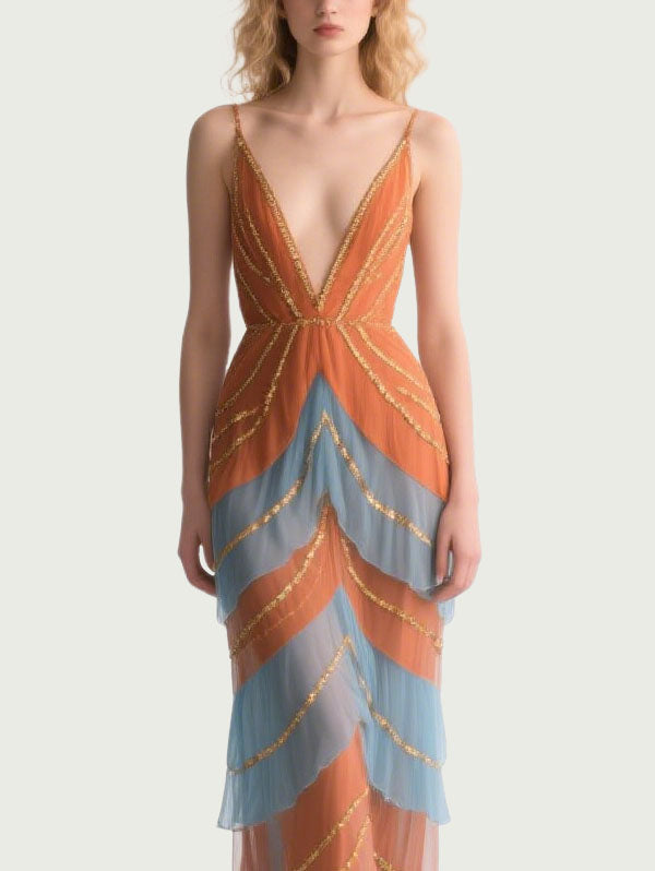 Orange & Blue Tiered Tulle Gown Plunging V-neck Formal Dress