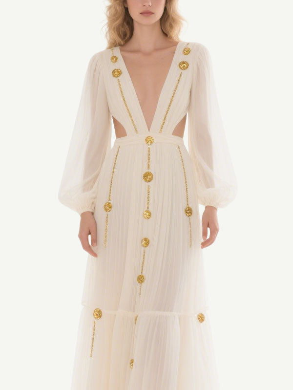 White Cut Out Embellished Gown Sheer Sleeve Formal Evening Wear