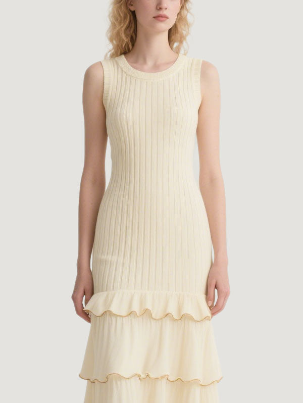 Cream Ribbed Tiered Maxi Dress Women's Elegant Casual Wear