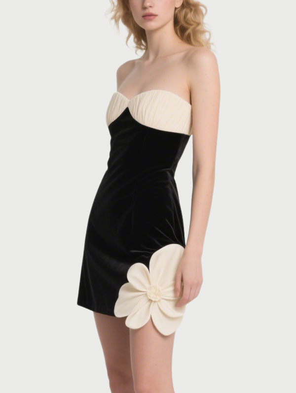 Black Velvet Strapless Dress with Contrast Flower