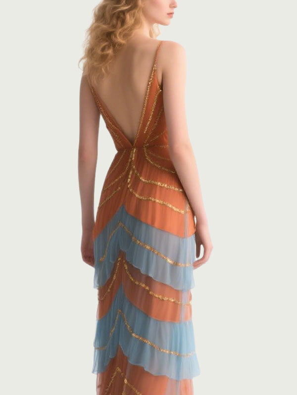 Orange & Blue Tiered Tulle Gown Plunging V-neck Formal Dress