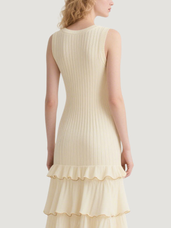Cream Ribbed Tiered Maxi Dress Women's Elegant Casual Wear