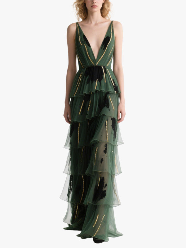 Green Tulle Ruffled Gown Plunging V-neck Gold Trimmed Dress