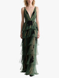 Green Tulle Ruffled Gown Plunging V-neck Gold Trimmed Dress